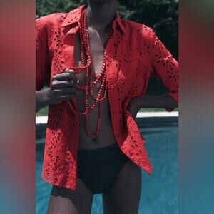 Zara Red ZW COLLECTION EMBROIDERED POPLIN SHIRT